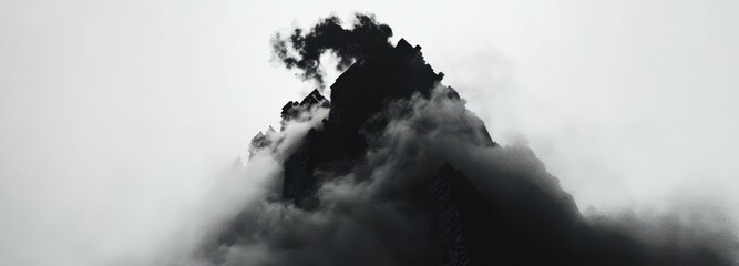 Wall Mural - A mountain with a black cloud on top. The cloud is dark and ominous. The mountain is shrouded in mist