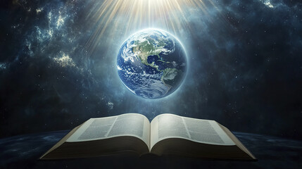 Wall Mural - open book with earth floating above in cosmic scene