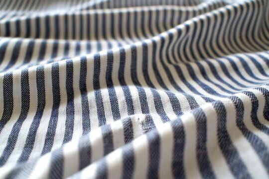 Blue and White Striped Fabric: A close-up view of a fabric with a repeating pattern of blue and white stripes, showcasing its texture and folds, evoking a sense of simplicity and classic style.