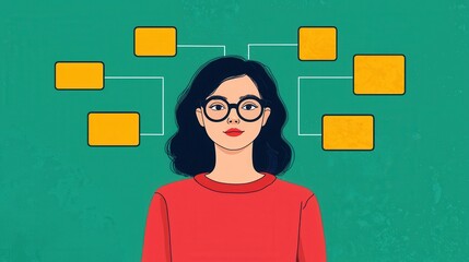 Aufkleber - Organization chart infographics concept. Smiling Female Professional in Glasses Presenting Infographic Flowchart for Team Structure and