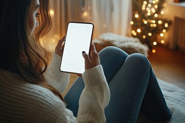 high quality picture of woman touching smartphone blank screen