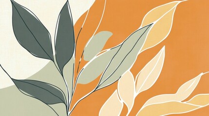 Aufkleber - Minimalist botanical artwork presenting stylized green, white, and orange leaves arranged harmoniously against textured neutral surface, emphasizing organic design elements