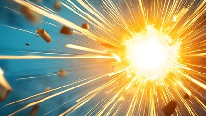Poster - An explosion with bright light and debris dispersing outward, creating a dynamic visual of energy and impact. Concept Explosion Dynamics, Bright Light Effect, Debris Dispersal, Energy Visualization