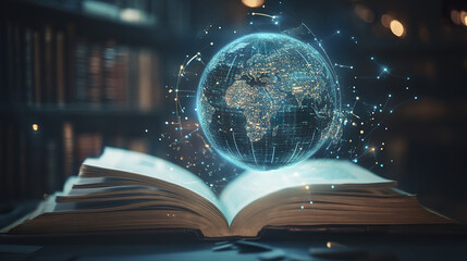 Poster - glowing Earth hovers above ancient open book in dim library