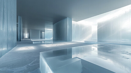 Poster - futuristic frozen interior with glassy ice floor and minimalist design