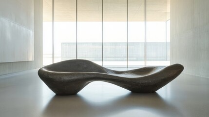 Poster - A dark modern sculpture sits within a bright architectural space