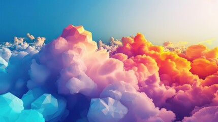 Poster - Stylized low poly clouds, pastel colored 3D landscape