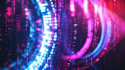 Poster - Neon digital circles on a black background with a glitch effect. Background or screensaver for PC.