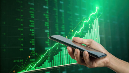 Aufkleber - Market Momentum: The stock market's upward trajectory is visualized through an animated green graph, observed closely on a mobile phone, depicting financial growth, economic progress.