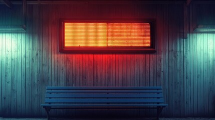 Poster - Illuminated Display Board Above a Bench Reflects Vivid Colors and Shadows