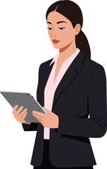 Poster - Professional woman in a black suit focused on her tablet, showcasing minimalistic vector art illustrating modern business and technology engagement