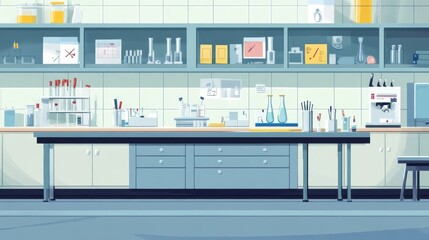 Poster - A clean and well equipped cartoon laboratory work environment is shown