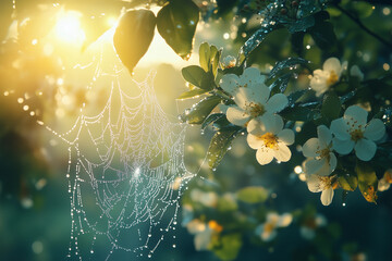 a spider web is hanging from a branch with a flower in the background and a sunbeam in the background