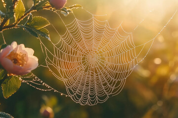 a spider web is hanging from a branch with a flower in the background and a sunbeam in the background