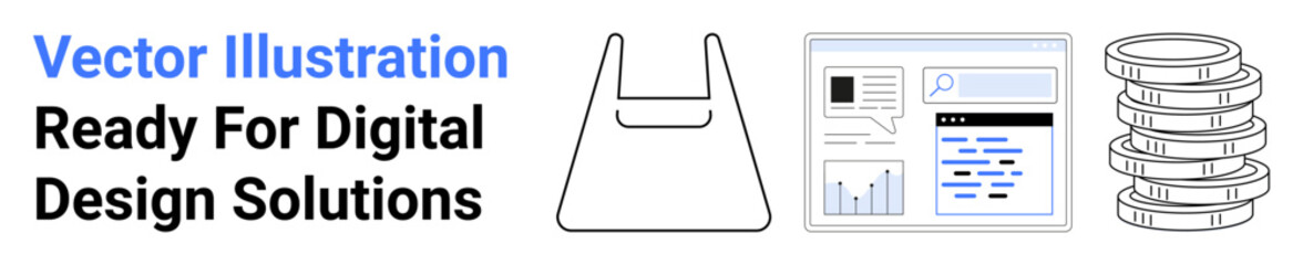 shopping bag, dashboard interface with analytics, and stacked coins representing e-commerce, design,