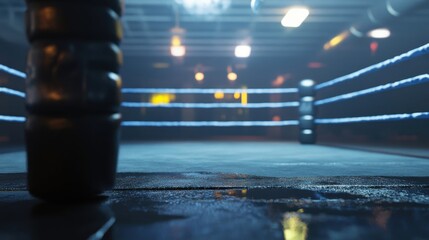 Poster - An Empty Boxing Ring Illuminated With Overhead Lighting Fixtures