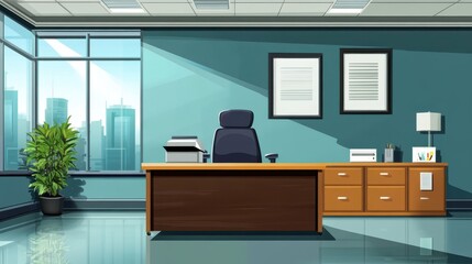 Poster - An empty office room with a desk and a large window