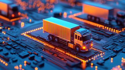 Poster - truck on circuit board with glowing lights, symbolizing technology and logistics