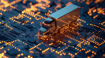 Poster - truck model on circuit board with glowing lights, symbolizing technology and logistics