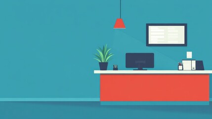Poster - A minimalist illustration showcasing a reception desk in a blue room