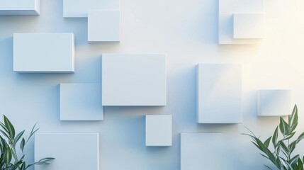 Poster - Abstract wall with various geometric boxes and greenery plants