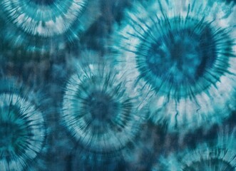 Wall Mural - A close-up of tie-dye fabric with shades of blue and green, creating an abstract pattern that resembles clouds or water ripples. The background is dark teal to accentuate the details of each tie-dye