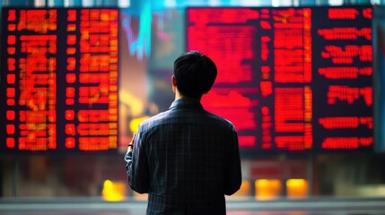 Poster - A person observes red data on illuminated electronic display panels