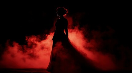 Wall Mural - A dark silhouette of an individual standing in the shadows, illuminated by red smoke that creates a mysterious and intense atmosphere