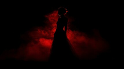 Wall Mural - A dark silhouette of an individual standing in the shadows, illuminated by red smoke that creates a mysterious and intense atmosphere