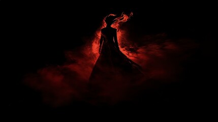 Wall Mural - A dark silhouette of an individual standing in the shadows, illuminated by red smoke that creates a mysterious and intense atmosphere