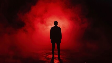 Wall Mural - A dark silhouette of an individual standing in the shadows, illuminated by red smoke that creates a mysterious and intense atmosphere