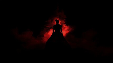 Wall Mural - A dark silhouette of an individual standing in the shadows, illuminated by red smoke that creates a mysterious and intense atmosphere