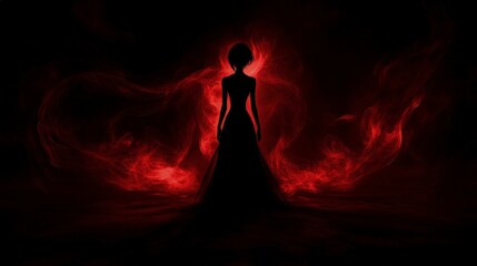 Wall Mural - A dark silhouette of an individual standing in the shadows, illuminated by red smoke that creates a mysterious and intense atmosphere