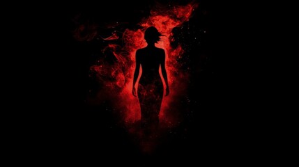 Wall Mural - A dark silhouette of an individual standing in the shadows, illuminated by red smoke that creates a mysterious and intense atmosphere