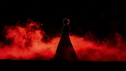 Wall Mural - A dark silhouette of an individual standing in the shadows, illuminated by red smoke that creates a mysterious and intense atmosphere