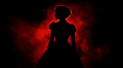 Wall Mural - A dark silhouette of an individual standing in the shadows, illuminated by red smoke that creates a mysterious and intense atmosphere