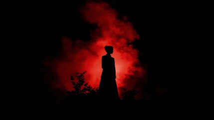 Wall Mural - A dark silhouette of an individual standing in the shadows, illuminated by red smoke that creates a mysterious and intense atmosphere