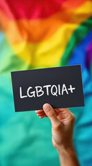 Wall Mural - Person holding sign with acronym LGBTQIA+ with rainbow flag blurred in background Equality sign