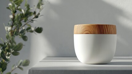 Poster - A modern white and wood container displayed with green foliage