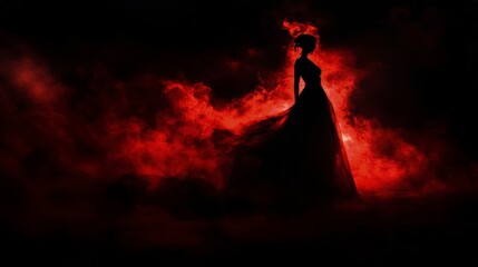 Wall Mural - A dark silhouette of an individual standing in the shadows, illuminated by red smoke that creates a mysterious and intense atmosphere