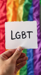 Wall Mural - Paper with letters LGBT over blurred rainbow flag support to community