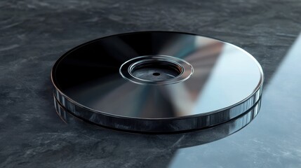 Poster - Shiny reflective compact disc with a metallic ring sitting on a surface