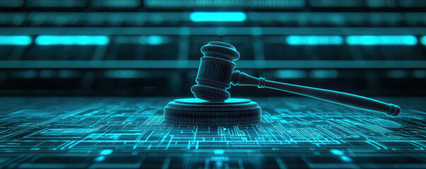 Poster - digital gavel on circuit board background symbolizes justice and technology