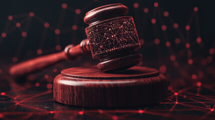 Poster - gavel rests on wooden base, surrounded by network of glowing connections, symbolizing justice and technology