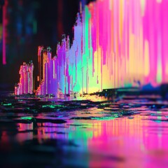 Aufkleber - Neon Cityscape Reflection: A Glitch Art Dreamscape with Vivid Hues and Textural Detail