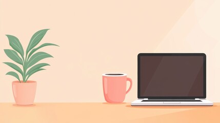 Poster - Laptop coffee cup and plant on a table in a room