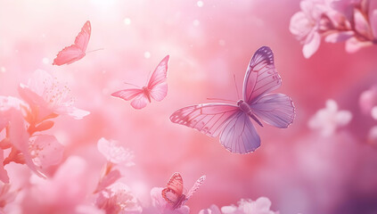 Poster - butterflies flying on pink background