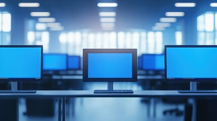 Poster - Computer monitors with blue screens are arranged in a modern office