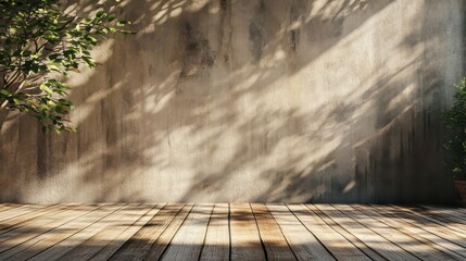 Poster - Wooden floor reflects sunlight against textured wall with plants