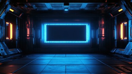 Poster - A futuristic room with blue neon illuminated rectangular frame